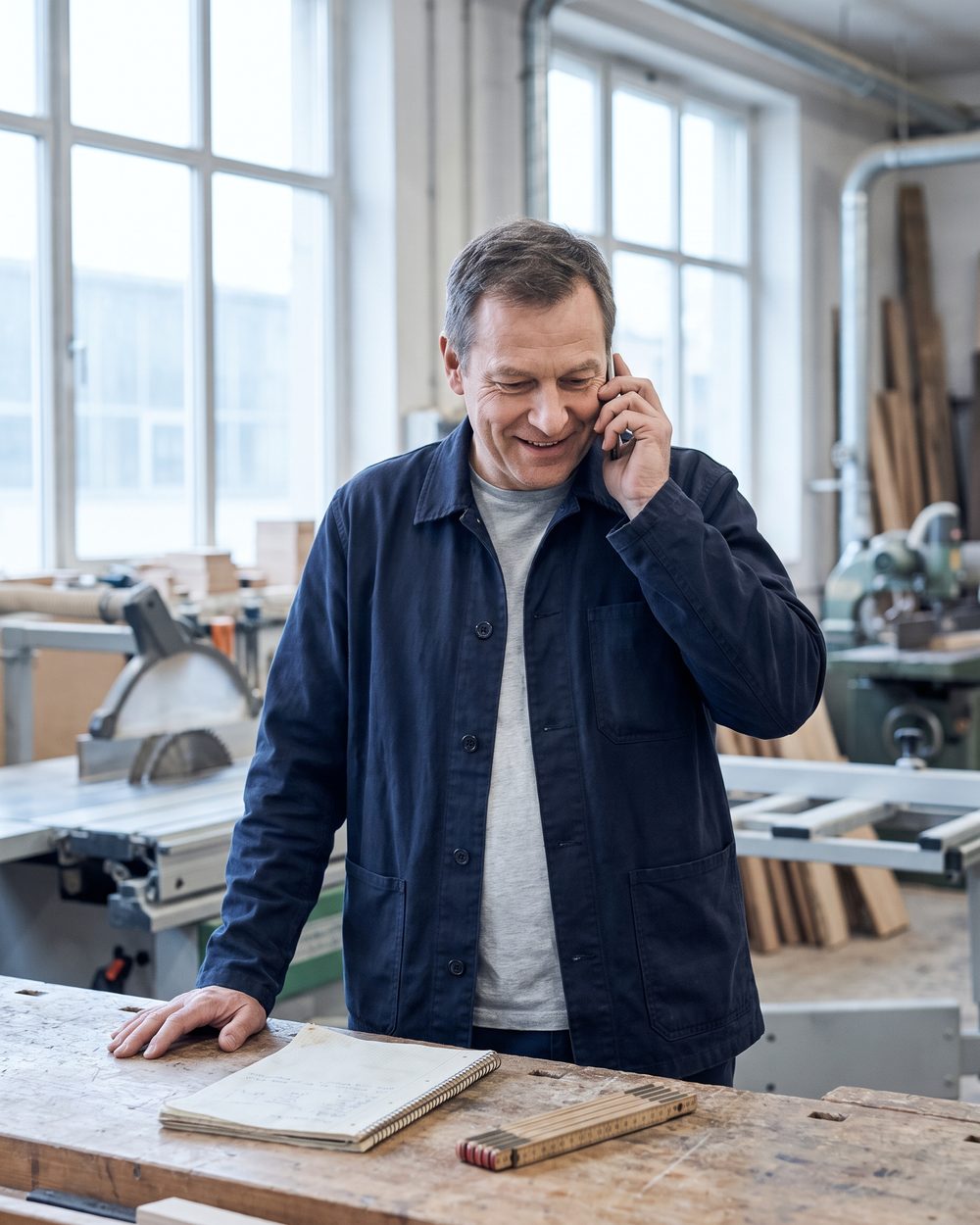 Betriebsinhaber telefoniert in seiner Werkstatt