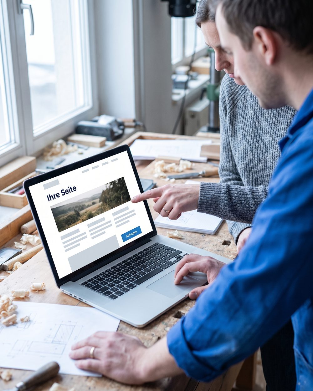 Zwei Personen sehen sich den Entwurf der Website auf einem Laptop an